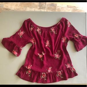 Peplum top, 3/4 sleeves, dark red, embroidered, L